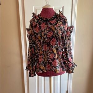 Women’s Topshop Black Floral Ruffle Blouse Sz 8 Back Keyhole Jewel Neck